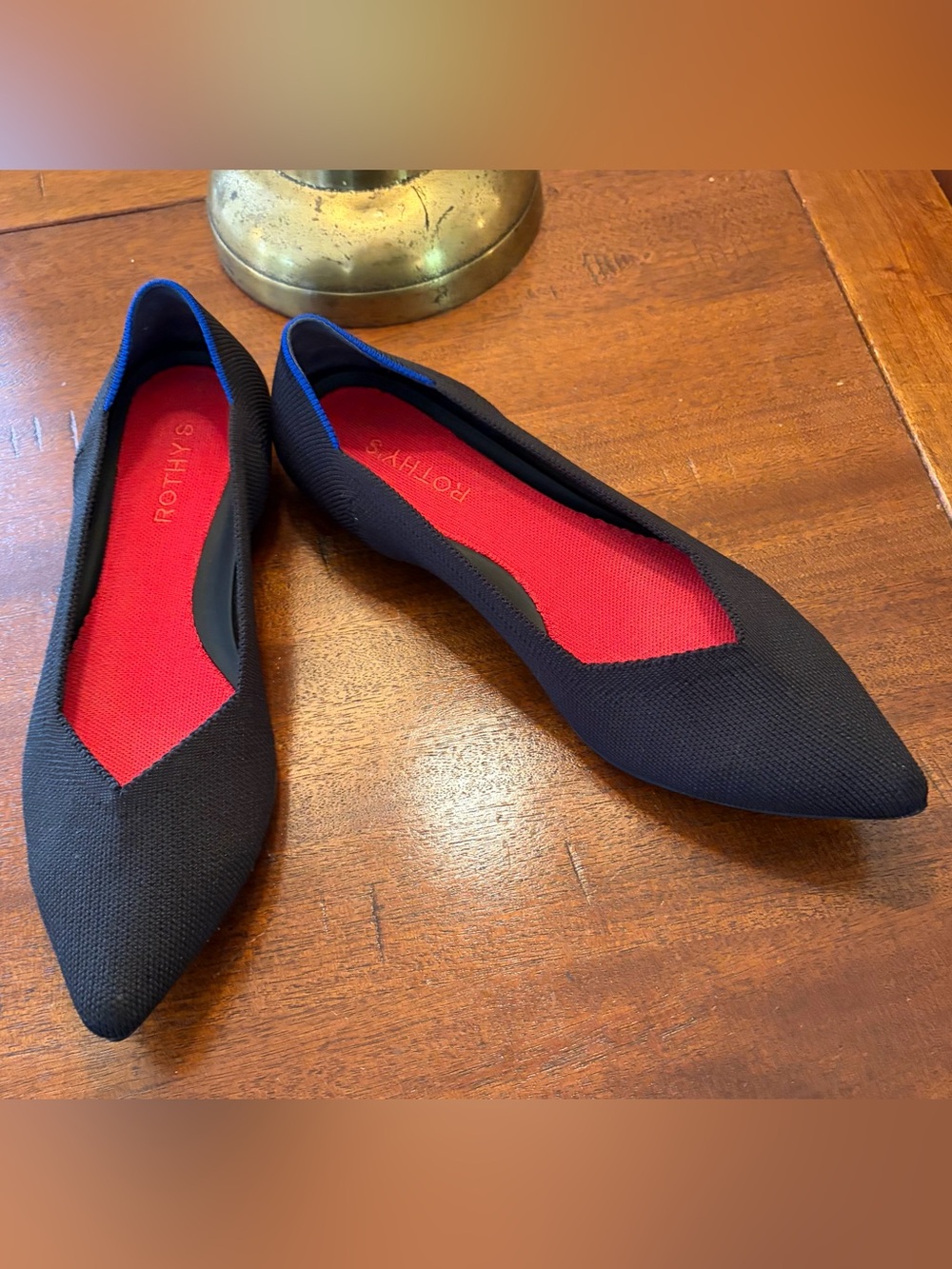 Rothy's Black Pointed Knit Flats with Red Insole